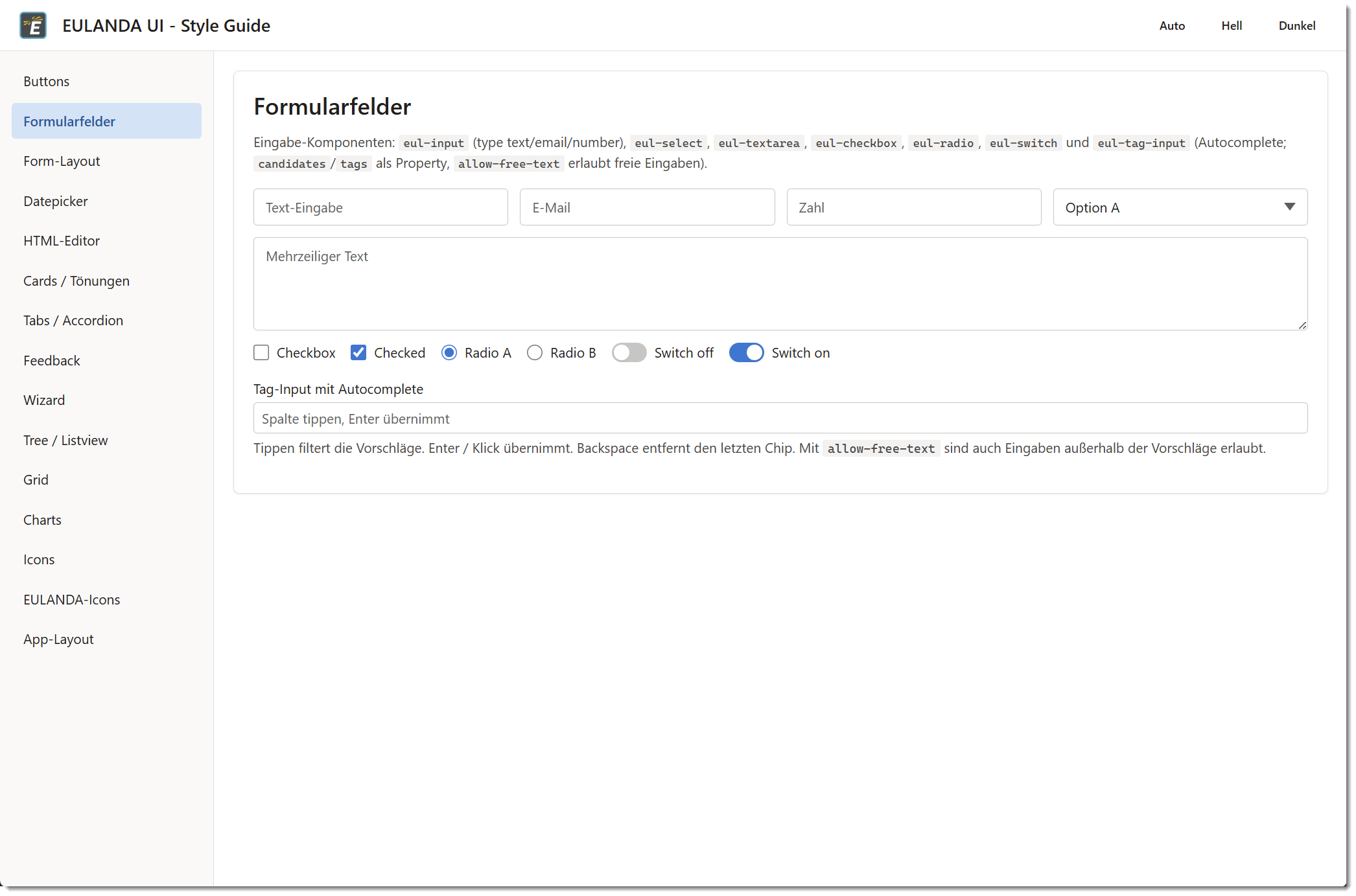 Eingabefelder, Schalter und Tag-Input