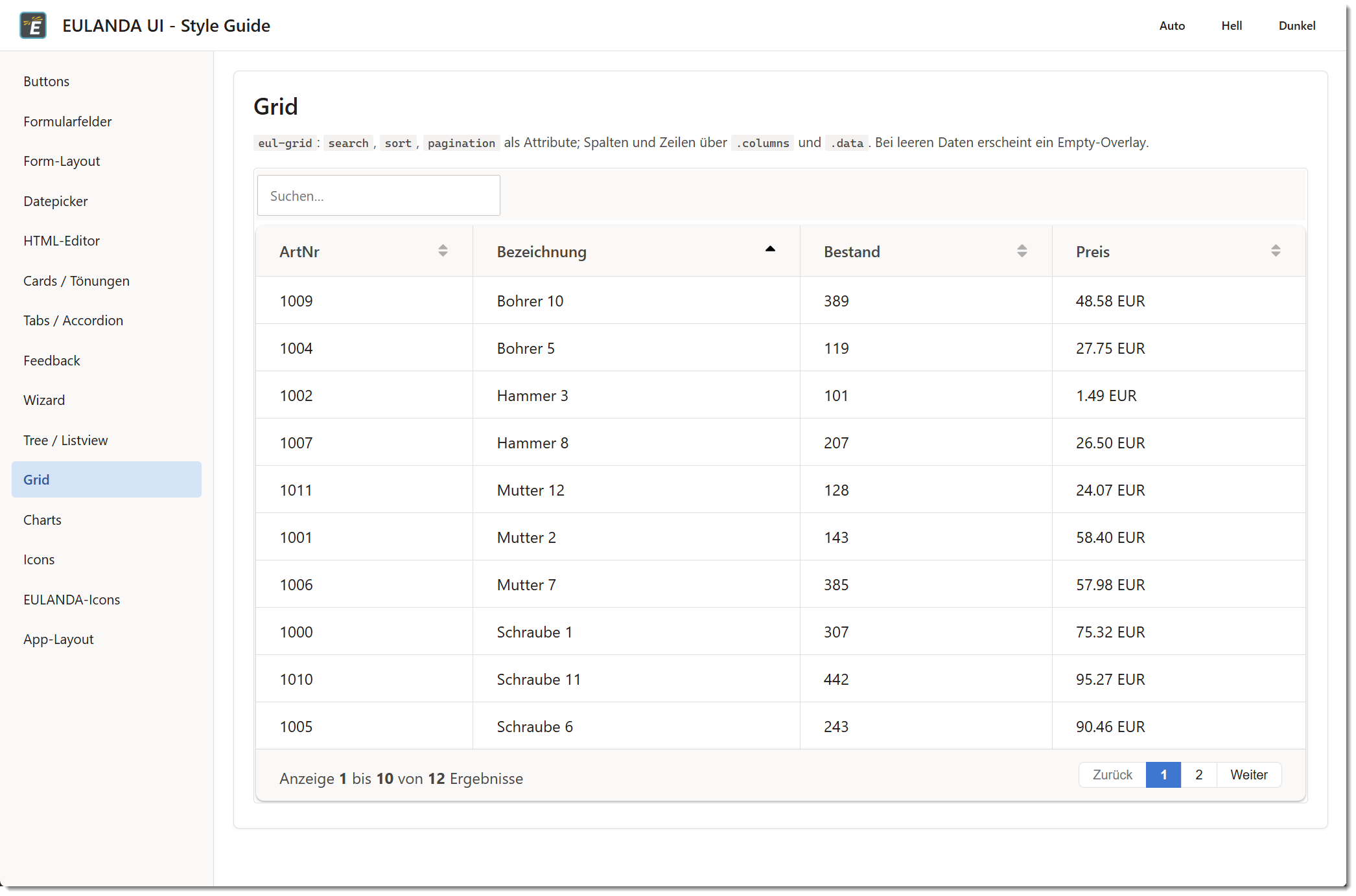 Tabelle mit Suche, Sortierung und Seitenzahlen